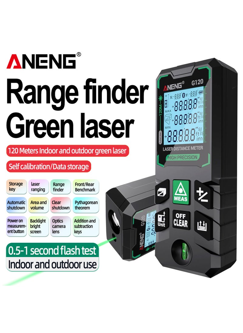 50M/70M/100M/120M Digital Green Laser Distance Meter with Bubble Level Handheld Green Beam Laser Measure LCD Mini Outdoor Range Finder Distance/Area/Volume/Pythagorean Measuring Tool Unit Switching