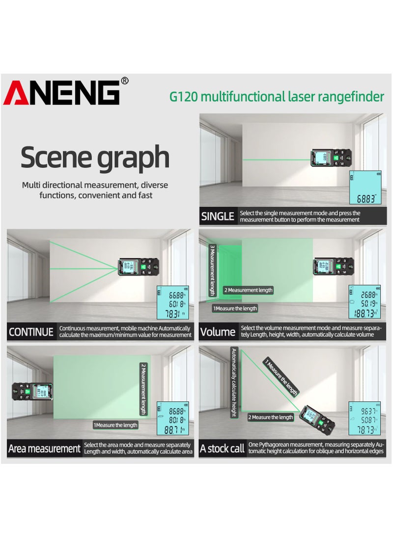 50M/70M/100M/120M Digital Green Laser Distance Meter with Bubble Level Handheld Green Beam Laser Measure LCD Mini Outdoor Range Finder Distance/Area/Volume/Pythagorean Measuring Tool Unit Switching