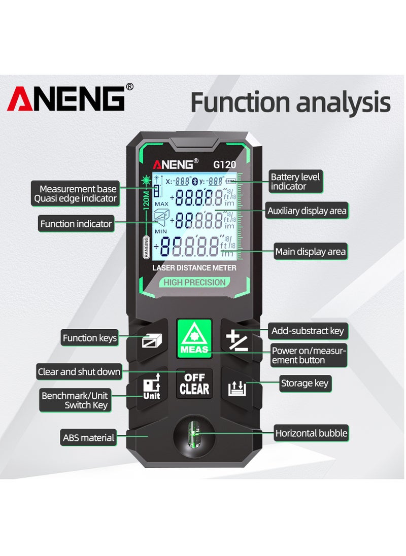 50M/70M/100M/120M Digital Green Laser Distance Meter with Bubble Level Handheld Green Beam Laser Measure LCD Mini Outdoor Range Finder Distance/Area/Volume/Pythagorean Measuring Tool Unit Switching