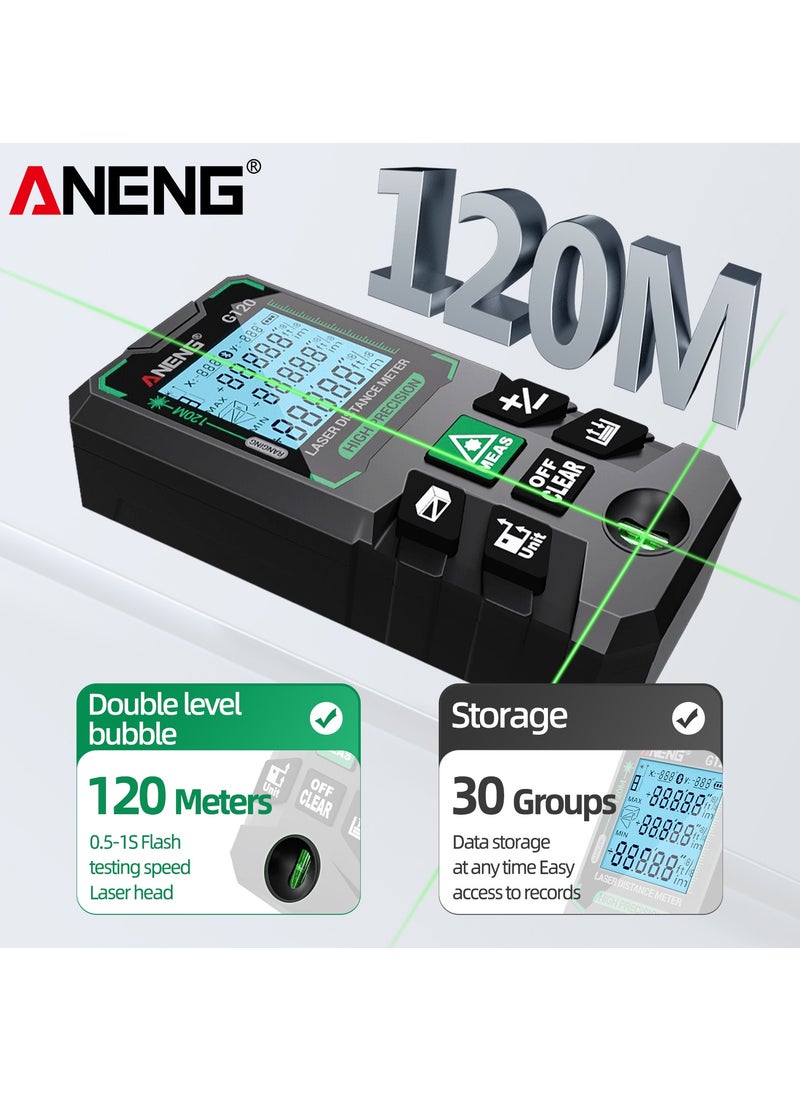 50M/70M/100M/120M Digital Green Laser Distance Meter with Bubble Level Handheld Green Beam Laser Measure LCD Mini Outdoor Range Finder Distance/Area/Volume/Pythagorean Measuring Tool Unit Switching