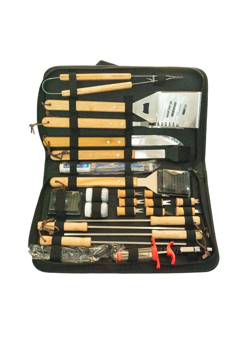 Barbecue Stainless Steel Grilling Tools Set 24 in 1 with Wooden Handle