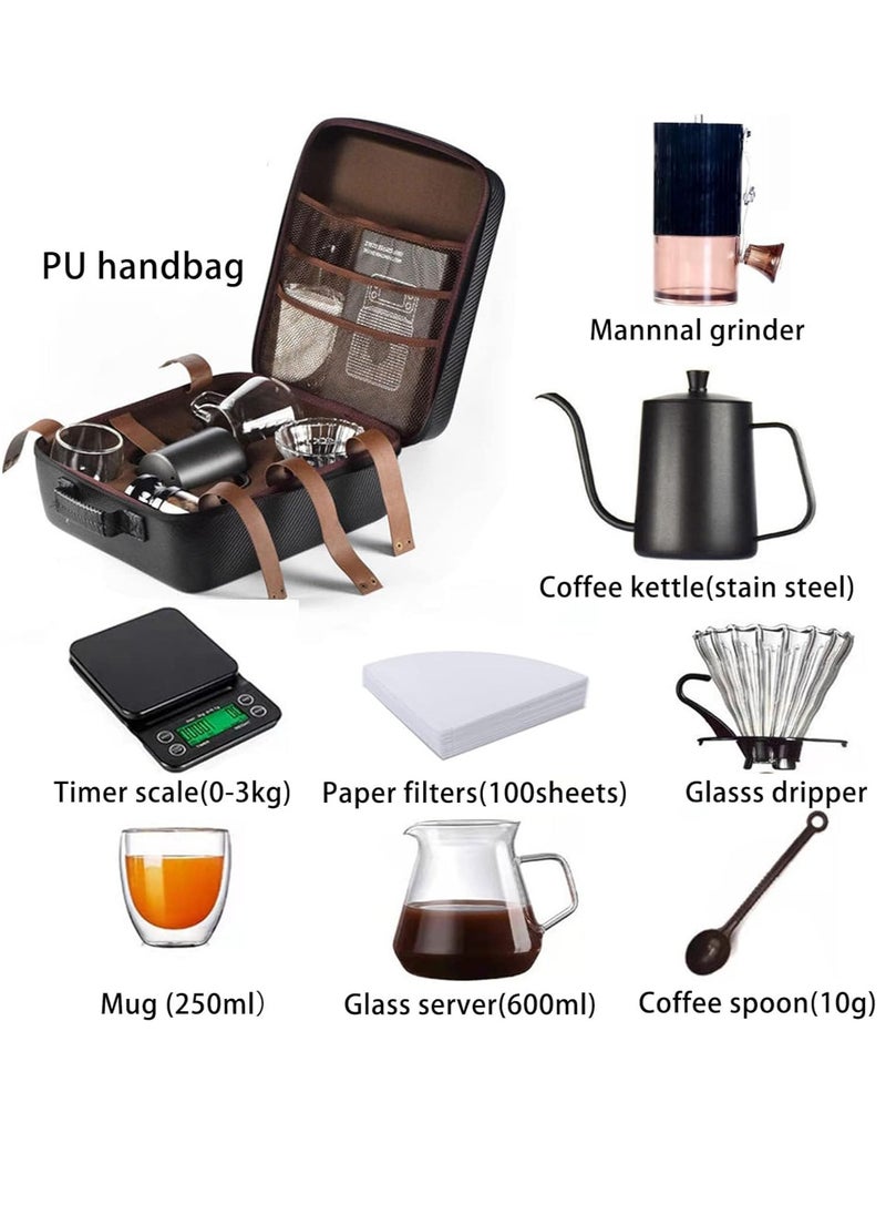 Coffee Maker Set with Portable Carry Case Coffee Kettle with Thermometer Drip Filter Coffee Share Pot Filter Coffee Scale Double Wall Mug Manual Coffee Grinders