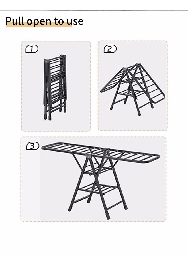 3 Tilers Clothes Drying Rack with Wheels Foldable Metal Laundry Drying Rack with Height Adjustable Wings Free Standing Airer Garment Rack For Indoor Outdoor Use