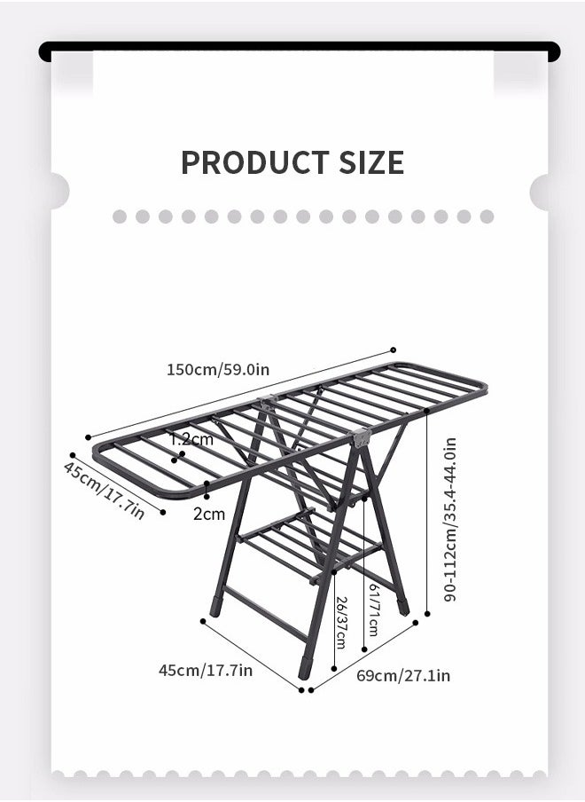 3 Tilers Clothes Drying Rack with Wheels Foldable Metal Laundry Drying Rack with Height Adjustable Wings Free Standing Airer Garment Rack For Indoor Outdoor Use