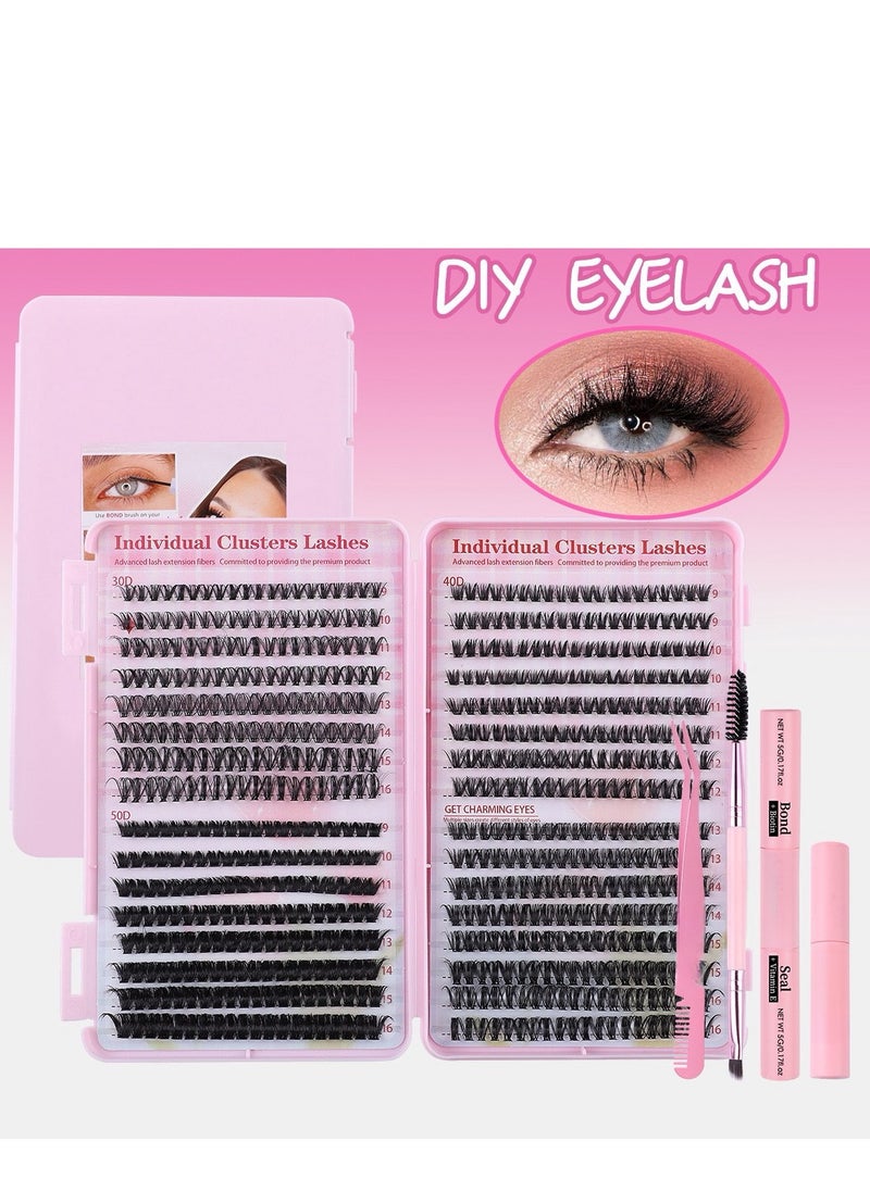 4 Styles DIY Eyelash Extension Kit 640 Clusters, 9-16mm Mixed Individual Lashes Cluster, Natural Curl Personal Eyelash Set, Segmented False Eyelashes, Thick Eyelashes