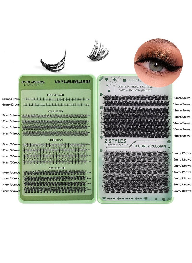 4 Styles DIY Eyelash Extension Kit 551 Clusters, 10-16mm Mixed Individual Lashes Cluster, Natural Curl Personal Eyelash Set, Segmented False Eyelashes, Thick Eyelashes