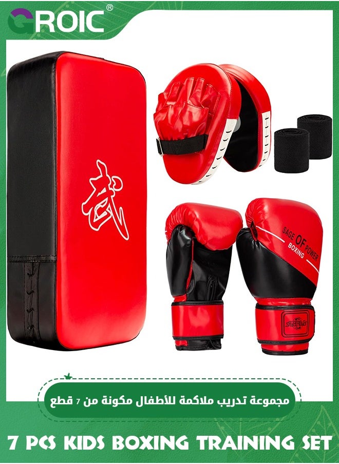 4-in-1 Kids Boxing Pads Gloves Kick Punching Mitts Set, Leather Hand Target Focus Pads, Muay Thai Pads for Kicking Taekwondo Karate Kickboxing, Youth Boxing Training Sparring Gear Equipment