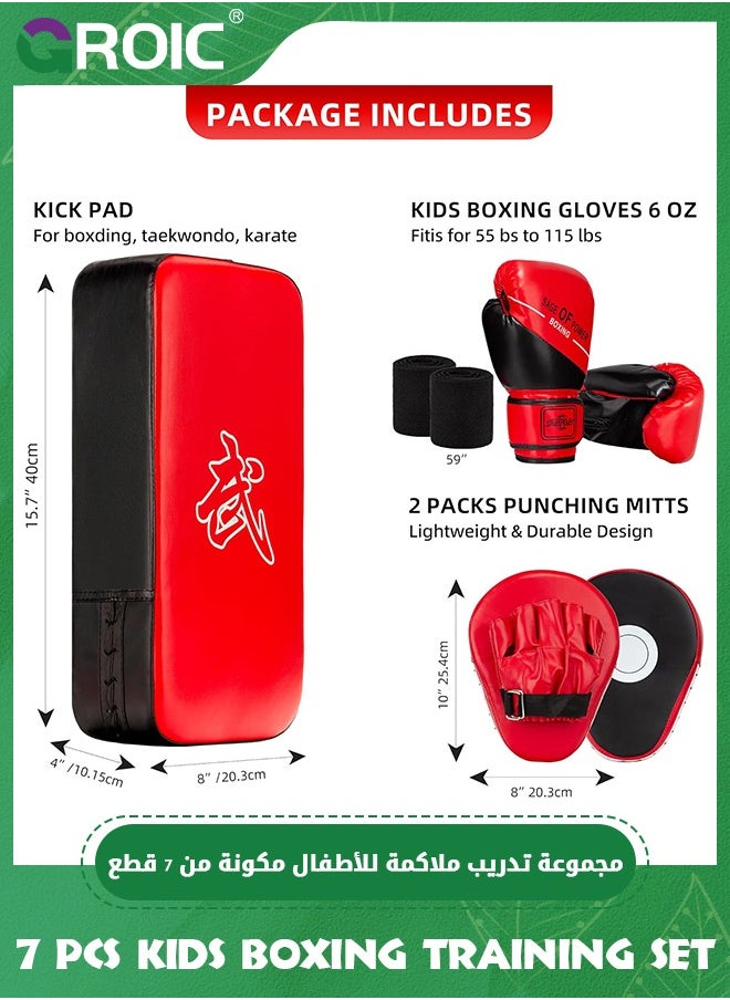 4-in-1 Kids Boxing Pads Gloves Kick Punching Mitts Set, Leather Hand Target Focus Pads, Muay Thai Pads for Kicking Taekwondo Karate Kickboxing, Youth Boxing Training Sparring Gear Equipment