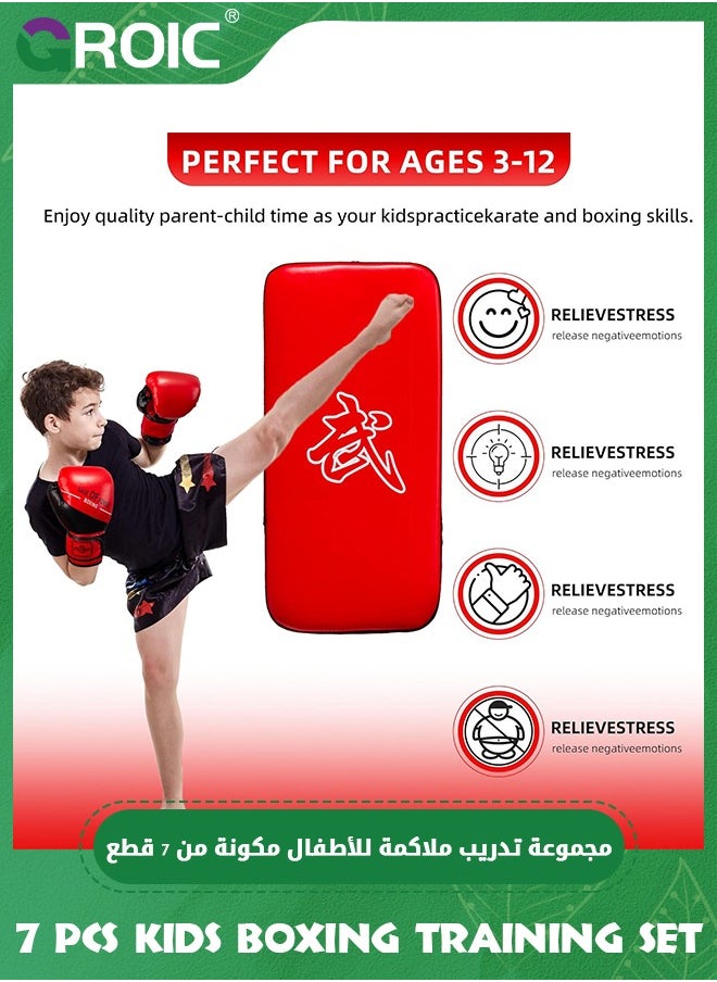 4-in-1 Kids Boxing Pads Gloves Kick Punching Mitts Set, Leather Hand Target Focus Pads, Muay Thai Pads for Kicking Taekwondo Karate Kickboxing, Youth Boxing Training Sparring Gear Equipment