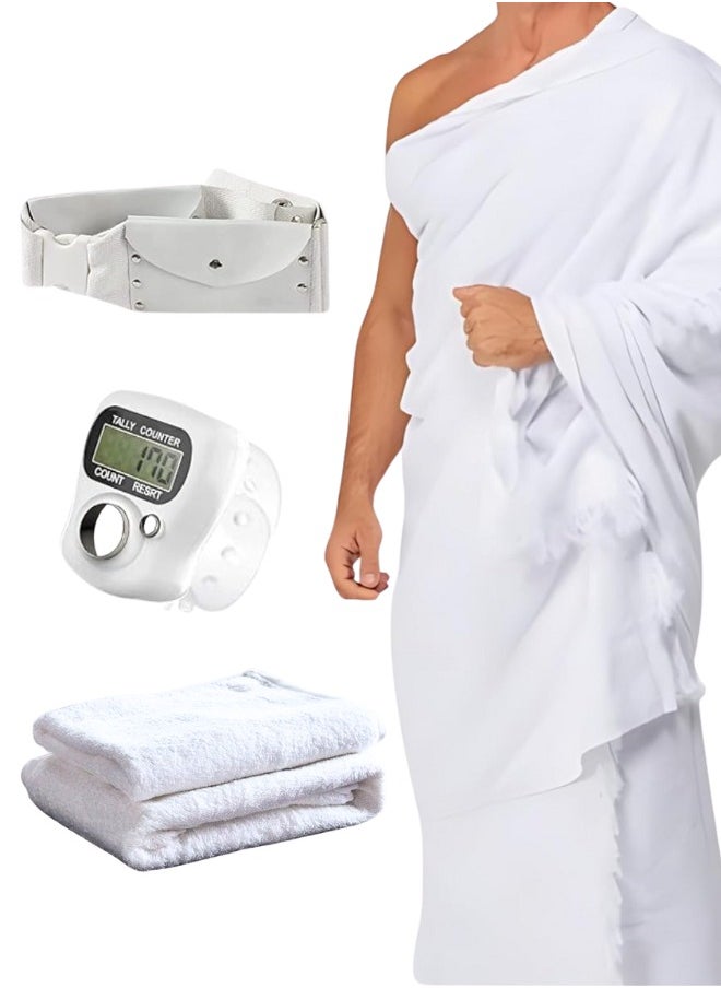 Ihram for umrah men, Hajj & Umrah Ihram Towels, Ehram for Islamic Pilgrimage with Waterproof Ahram's Belt and Ring Counter