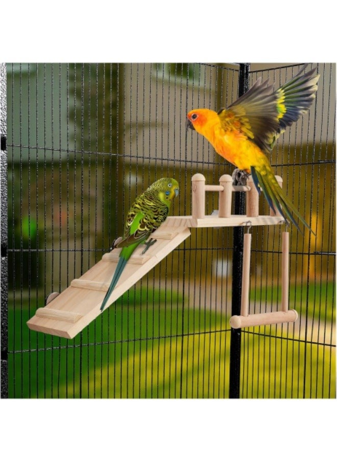 Bird Perches Platform Swing with Climbing Ladder, Parakeet Cage Accessories Wooden Playing Gyms Exercise Sturdy for Small Birds