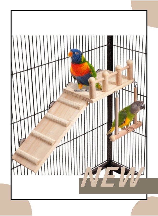 Bird Perches Platform Swing with Climbing Ladder, Parakeet Cage Accessories Wooden Playing Gyms Exercise Sturdy for Small Birds