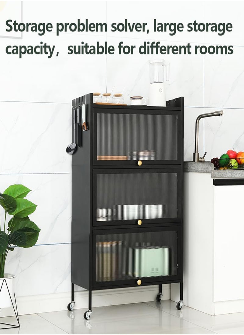 Elegant 3-Tier Kitchen Storage Rack with Flip-Up Acrylic Doors – Floor Standing Organizer for Kitchen, Dining, Living Room, or Bedroom