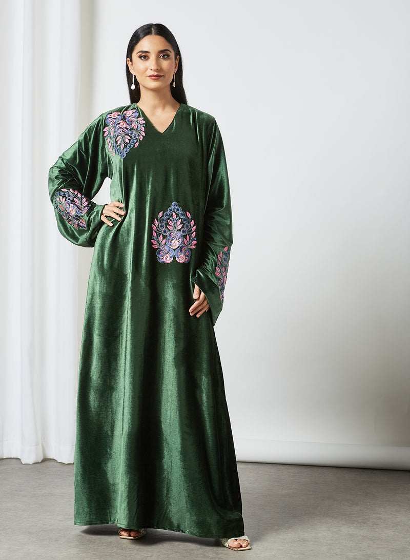 Peacock Style Embroidery Jalabiya Green