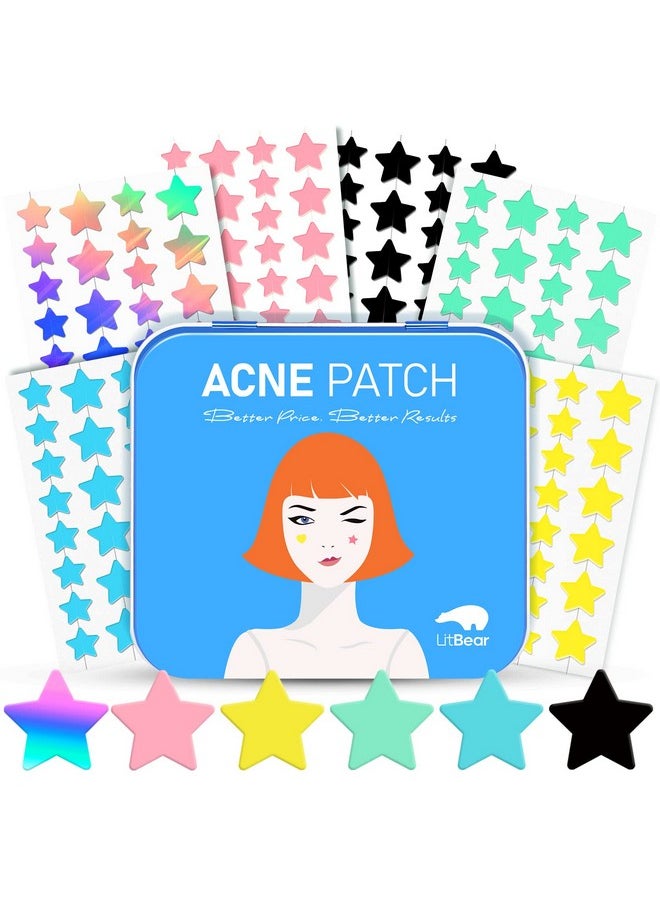 Acne Patch With Tea Tree & Centella Oil, 168 Hydrocolloid Dots In 6 Colors For Face - Cute Star Pimple Stickers