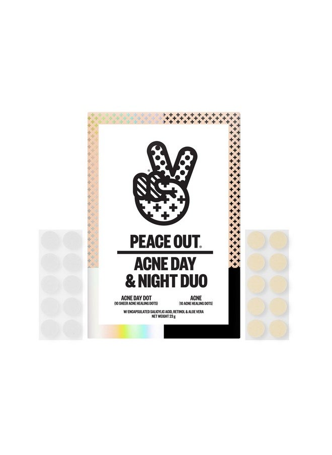 Skincare Acne Day & Night Duo. 6-Hour Fast Acting Sheer Hydrocolloid Pimple Patches And Overnight Acne Dots With Salicylic Acid, Stickers To Cover And Clear Breakouts, 20 Dots