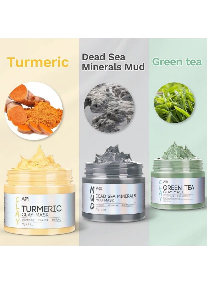 Turmeric Clay Mask - Green Tea Clay Mask - Dead Sea Minerals Mud Mask, Spa Facial Mask Set, Face Mask Gift Set 2.5 Oz Each