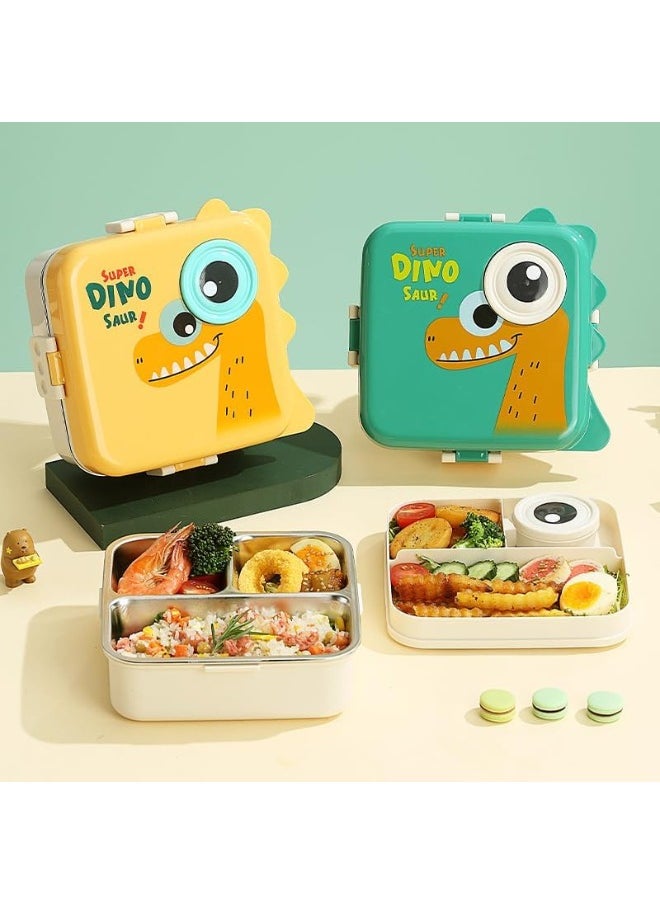 Twisoo Super Dinosaur Steel Lunch Box - 1120ml, Double Decker, 3 Compartments, BPA-Free, Leakproof with Soup Bowl & Spoon, Spill-Free, ( Yellow )