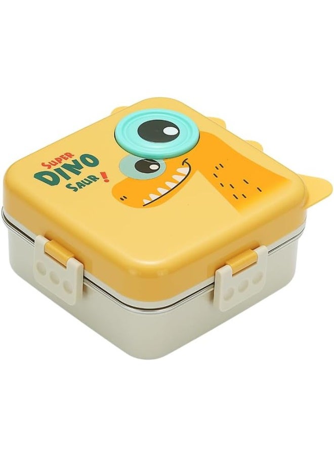 Twisoo Super Dinosaur Steel Lunch Box - 1120ml, Double Decker, 3 Compartments, BPA-Free, Leakproof with Soup Bowl & Spoon, Spill-Free, ( Yellow )