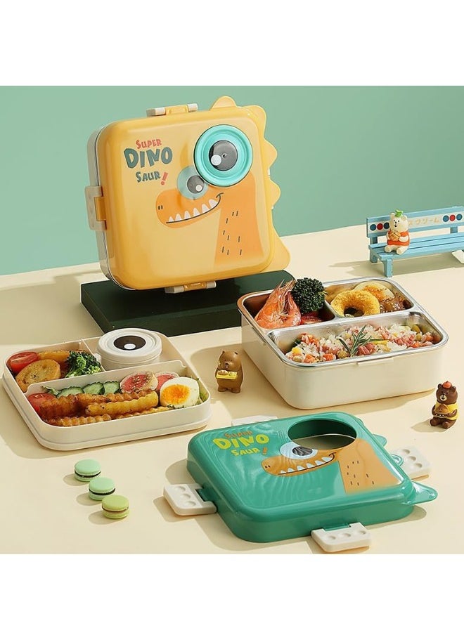 Twisoo Super Dinosaur Steel Lunch Box - 1120ml, Double Decker, 3 Compartments, BPA-Free, Leakproof with Soup Bowl & Spoon, Spill-Free, ( Green )