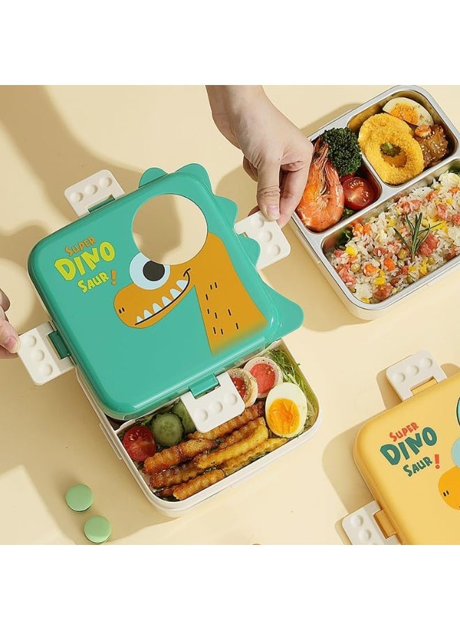 Twisoo Super Dinosaur Steel Lunch Box - 1120ml, Double Decker, 3 Compartments, BPA-Free, Leakproof with Soup Bowl & Spoon, Spill-Free, ( Green )