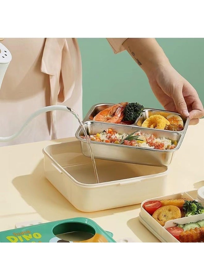 Twisoo Super Dinosaur Steel Lunch Box - 1120ml, Double Decker, 3 Compartments, BPA-Free, Leakproof with Soup Bowl & Spoon, Spill-Free, ( Green )