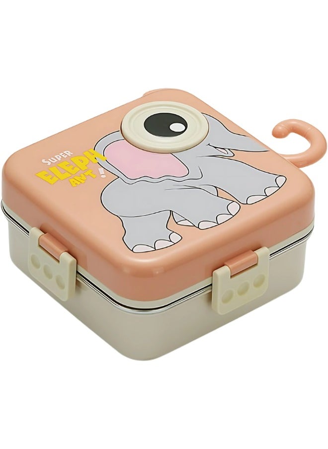 Twisoo Super Elephant Eye Steel Lunch Box - 1120ml, Double Decker, SUS 304 Stainless Steel, 3 Compartments, BPA-Free, Leakproof with Soup Bowl & Spoon ( Pink)