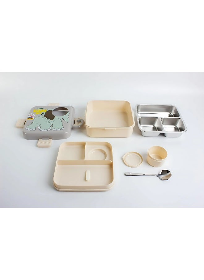 Twisoo Super Elephant Eye Steel Lunch Box - 1120ml, Double Decker, SUS 304 Stainless Steel, 3 Compartments, BPA-Free, Leakproof with Soup Bowl & Spoon ( Grey )