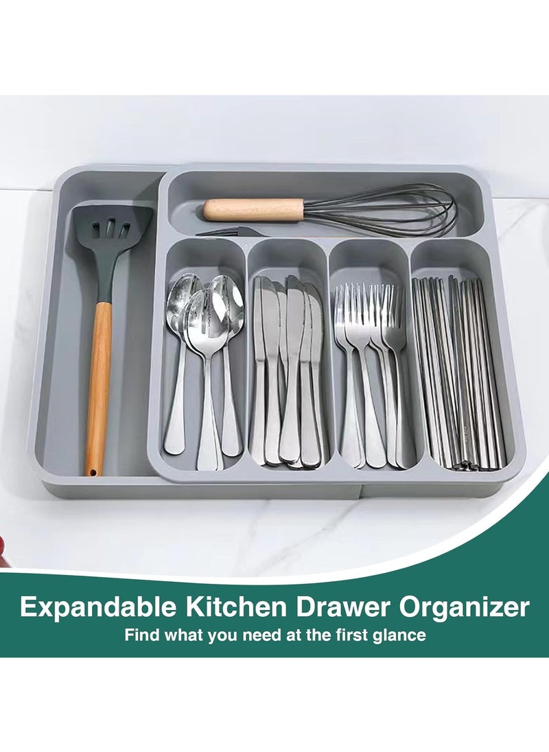 Silverware Drawer Organizer, Expandable Kitchen Drawer Organizer for Flatware and Utensils, Adjustable Silverware Organizer Cutlery Tray for for Forks, Spoons, Knives, 6 Compartments