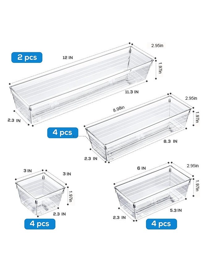 14 Pcs Clear Plastic Drawer Organizer Tray for Makeup, Kitchen Utensils, Jewelries and Gadgets, transparent