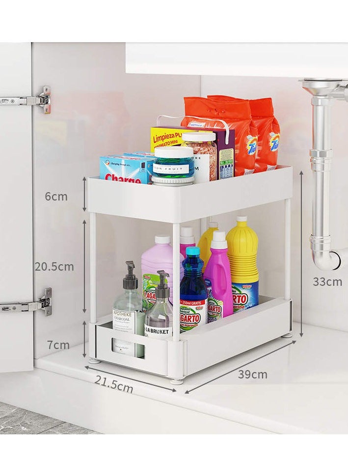 Under Sink Storage, Kitchen Bathroom Cabinet Organizer, 2 Tier Sliding Drawer, Counter Organization Shelf Rack with Hooks (White)