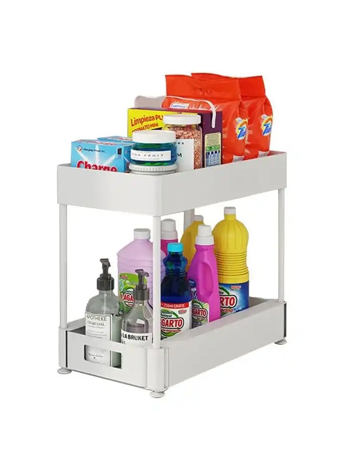 Under Sink Storage, Kitchen Bathroom Cabinet Organizer, 2 Tier Sliding Drawer, Counter Organization Shelf Rack with Hooks (White)