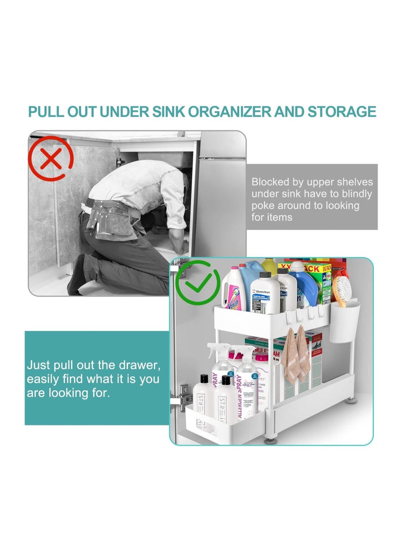 Under Sink Storage, Kitchen Bathroom Cabinet Organizer, 2 Tier Sliding Drawer, Counter Organization Shelf Rack with Hooks (White)