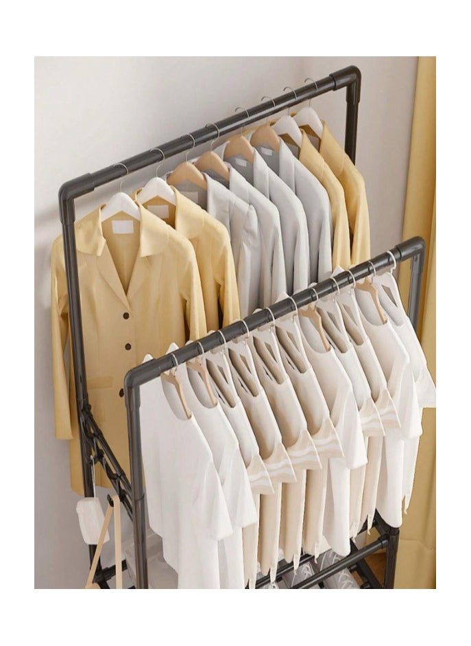 Cloth Rack - Multifunctional Hanging Wardrobe Stand with Wheels, 2 Storage Shelves, Shoe Rack, Clothes Organizer, Hooks & Clothes Drying Solution