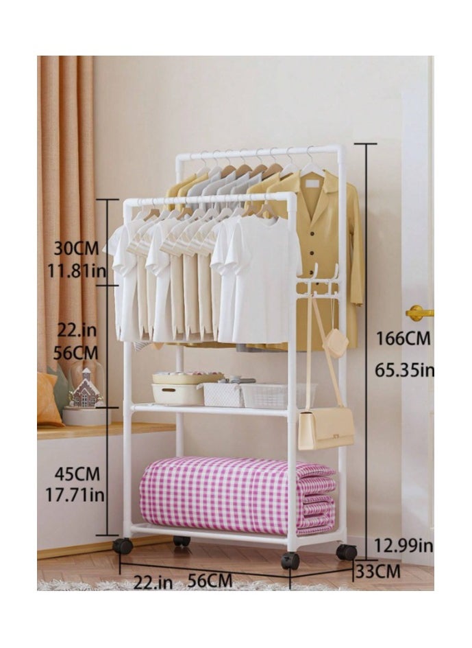 Cloth Rack - Multifunctional Hanging Wardrobe Stand with Wheels, 2 Storage Shelves, Shoe Rack, Clothes Organizer, Hooks & Clothes Drying Solution