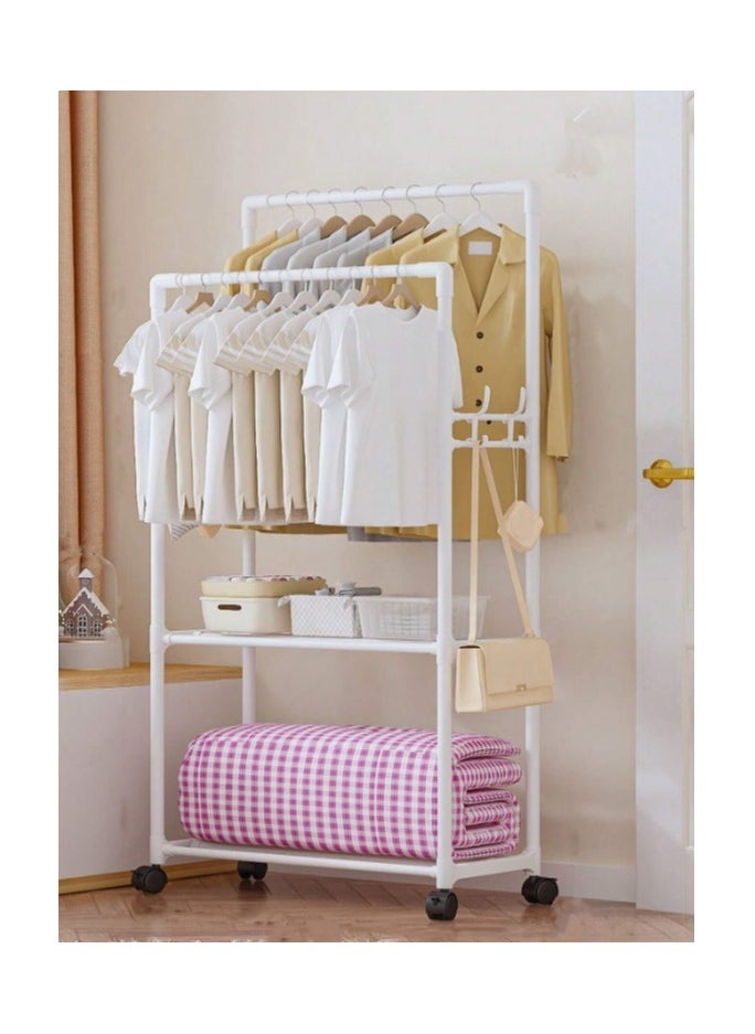 Multifunctional Hanging Wardrobe Rack with Wheels & two storage shelves, Shoe rack, Clothes Organizer, and Hooks