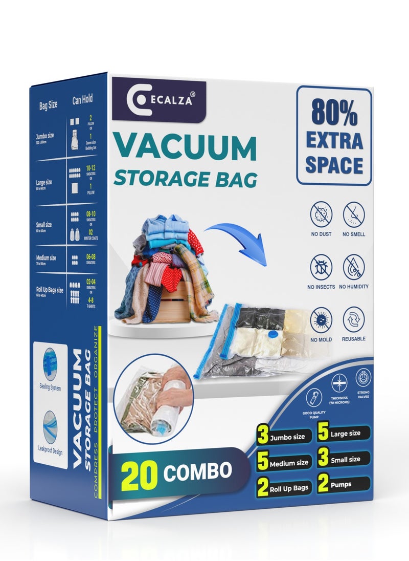 ECALZA® Vacuum Storage Bags - Pack of 20 (3Jumbo/5Large/5Medium/3Small/2Roll Up/2Pumps) Re-usable Travel Compression Storage Bags For Clothes, Comforters & Blankets, Space Saver Bags with Hand Pump