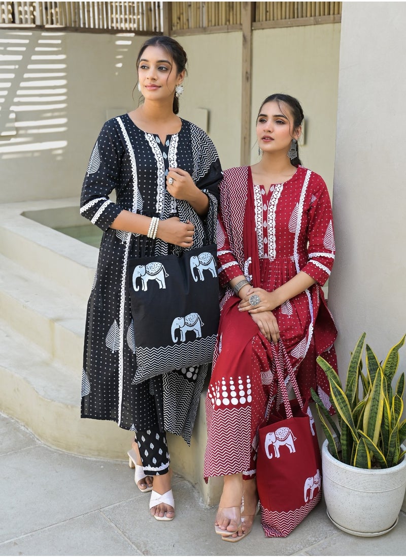 Pure Cotton Kurta Pant Dupatta Set with Bag Red Color | Indian Dress for Women | Traditional Dress Salwar Kameez Kurti Pant Dupatta Set | Ready to Wear Ethnic Kurta Set