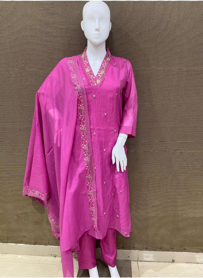 Cotton Mal Chanderi Fabric Kurta Pant Dupatta Set in Pink Colour | Indian Dress for Women | Traditional Dress Salwar Kameez Kurti Pant Dupatta Set | Ready to Wear Ethnic Kurta Set