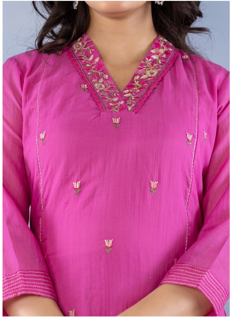 Cotton Mal Chanderi Fabric Kurta Pant Dupatta Set in Pink Colour | Indian Dress for Women | Traditional Dress Salwar Kameez Kurti Pant Dupatta Set | Ready to Wear Ethnic Kurta Set