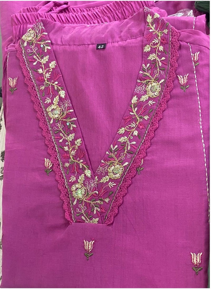 Cotton Mal Chanderi Fabric Kurta Pant Dupatta Set in Pink Colour | Indian Dress for Women | Traditional Dress Salwar Kameez Kurti Pant Dupatta Set | Ready to Wear Ethnic Kurta Set