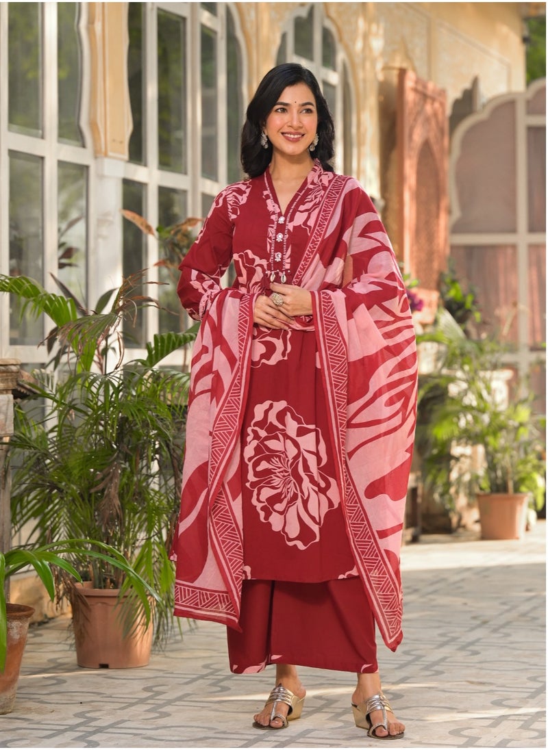 Pure Cotton Kurta Set with Plazzo Pants Red Colour | Indian Dress for Women | Traditional Dress Salwar Kameez Kurti Pant Dupatta Set | Ready to Wear Ethnic Kurta Set