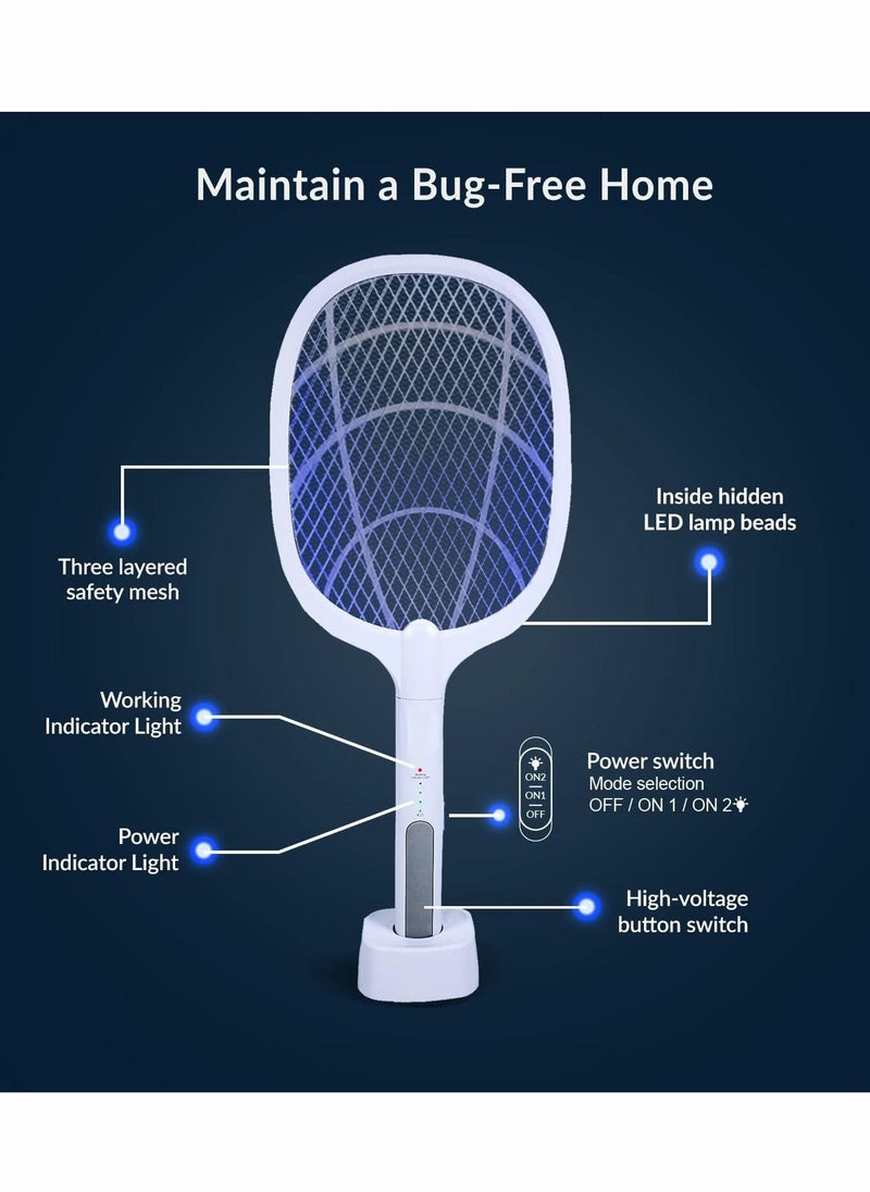 Electric Fly Swatter Racket & Mosquito Zapper - High Duty 3,000 Volt Bug Killer USB Rechargeable Indoor Safe