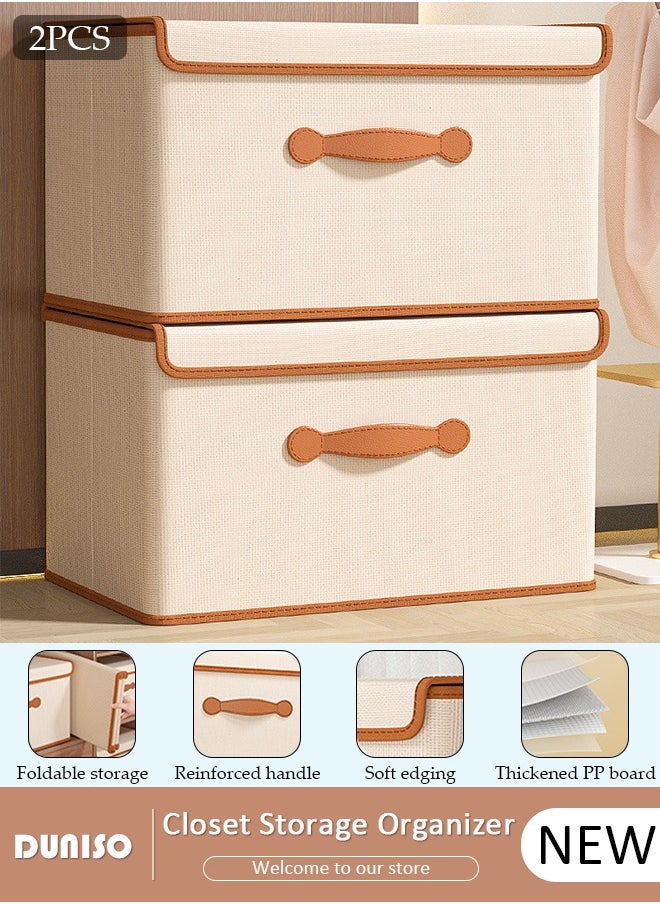 2 peices Foldable Closet Storage Organizer with lid,Wardrobe Clothes Organizer For Clothing, Sheets, Toys, Books,Washable Closet Storage Boxes with Carrying Handles Cube Stackable Storage Bin for Home Bedroom Office