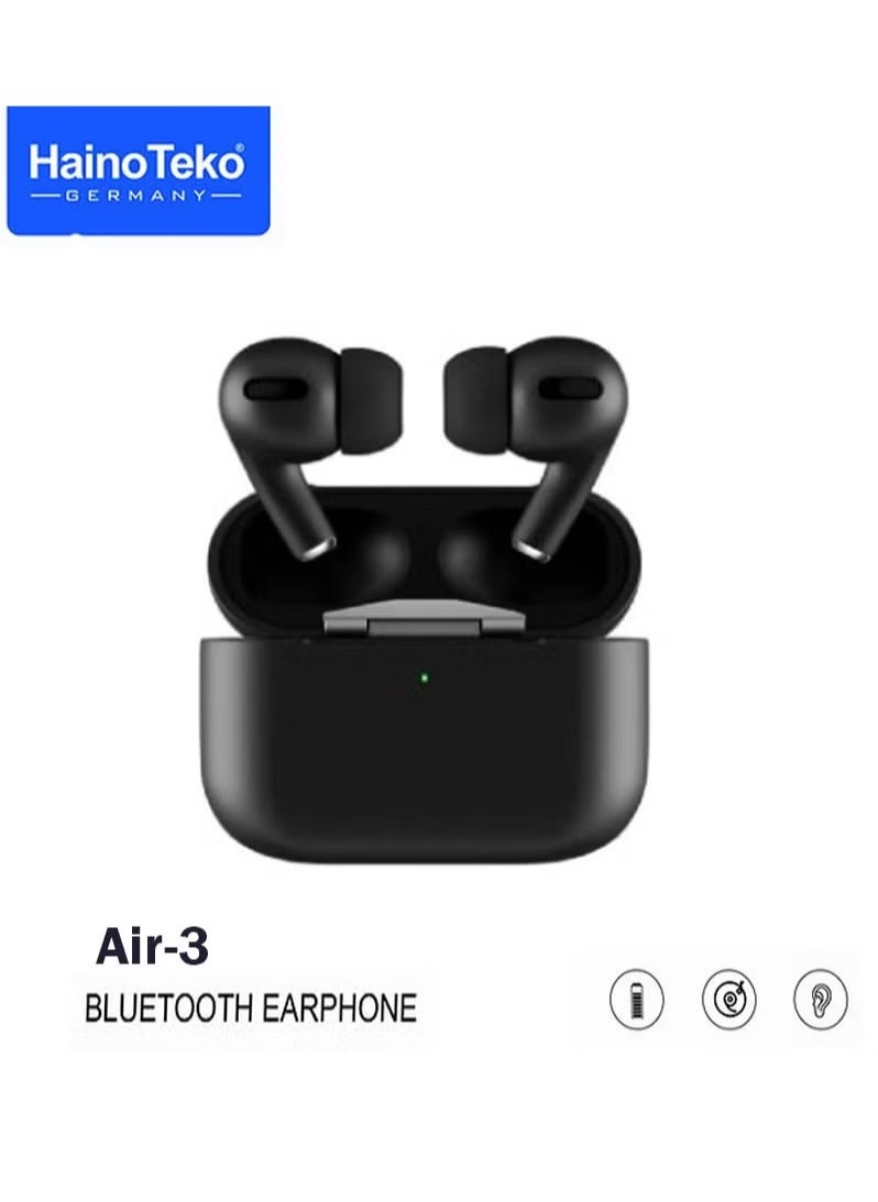 Wireless Air Pod PRO AIR-3, In-Ear Earphones, Bluetooth, Silicon Cover With Hook, Compatible For iPhone And Android - Haino Teko Air-3 Black