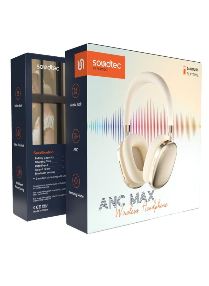 Soundtec ANC Airpod MAX Wireless Headphones, Voice Assistant, 400mAh Battery Capacity, 2 Hours Charging Time, Up to 51 Hours Working Time, Gaming Mode - Gold