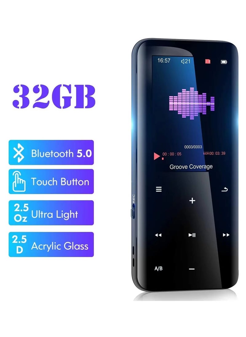 32GB MP3 Player with Bluetooth 5.0 - Portable Digital Lossless Music MP3 MP4 Player for Kids with FM Radio HD Speaker for Sports Running, 2.5D Double-Side Acrylic Glass Alloy Frame