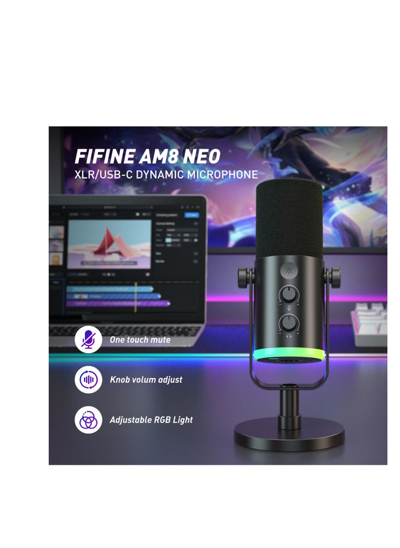 FIFINE AM8 NEO XLR/USB-C Dynamic Microphone with RGB Lighting & Real-Time Monitoring