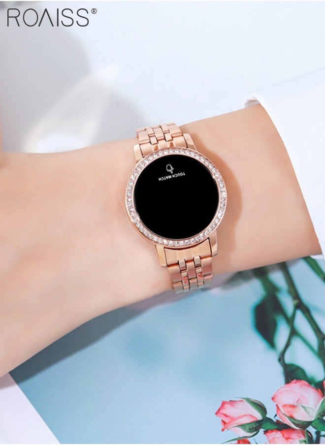 Women's Digital Touch Screen Watch Led Display Round Dial with Rhinestones Decorated Bezel Waterproof Luminous Stainless Steel Strap Wristwatch with Calendar Display, Rose Gold