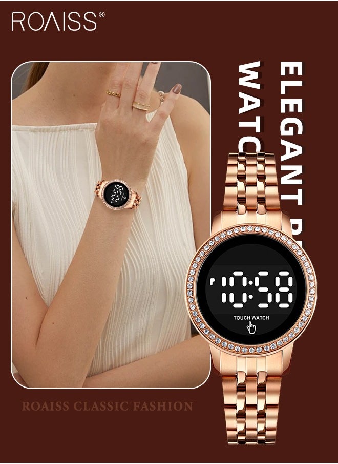 Women's Digital Touch Screen Watch Led Display Round Dial with Rhinestones Decorated Bezel Waterproof Luminous Stainless Steel Strap Wristwatch with Calendar Display, Rose Gold